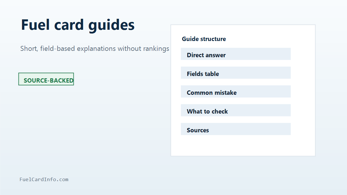 Illustration of field-based truck fuel card guides with direct answers, tables, source status and checklists.